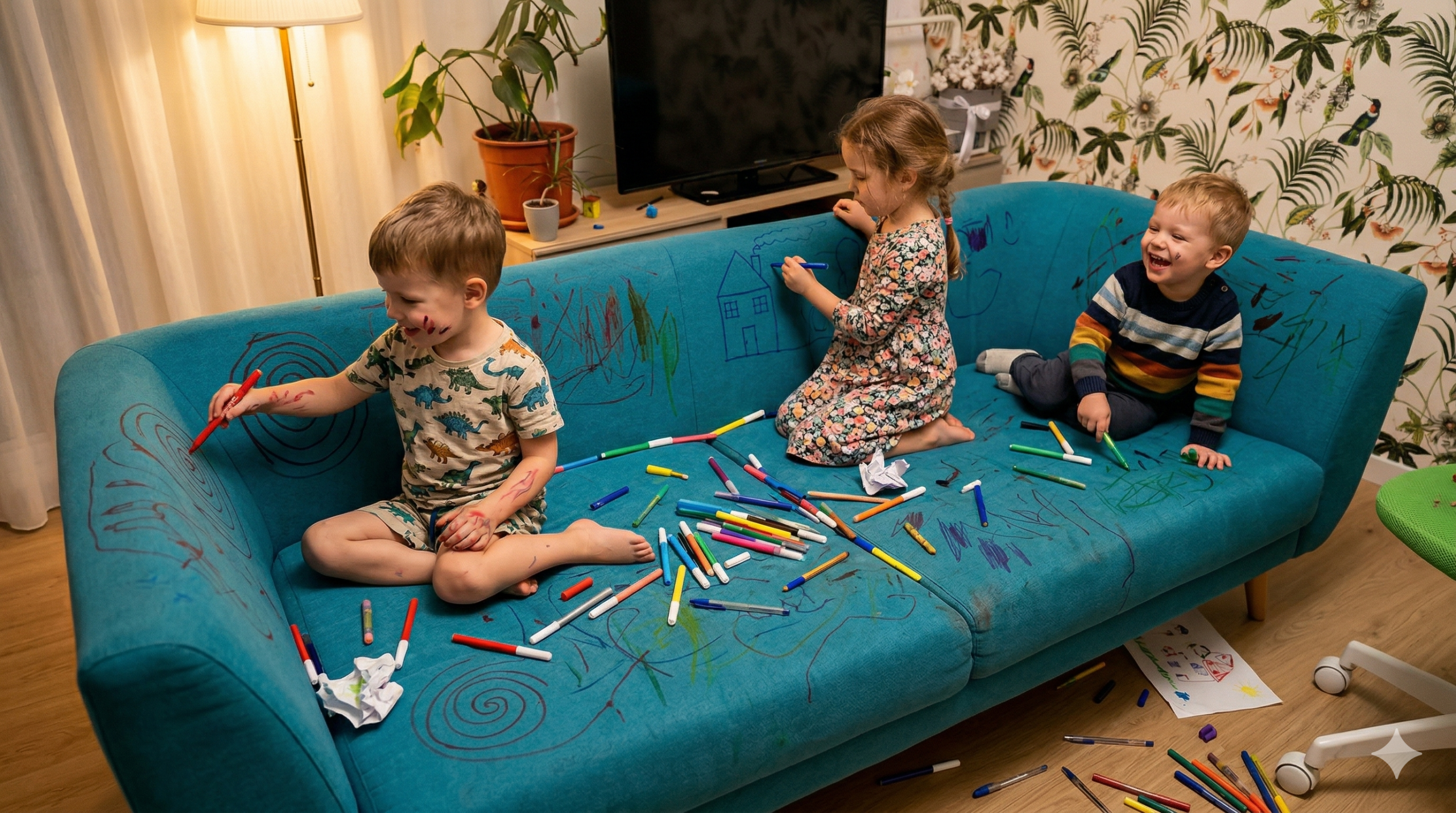 Tirkīza dīvāns ar bērniem un flomāsteriem — pirms ķīmiskās tīrīšanas BestClean